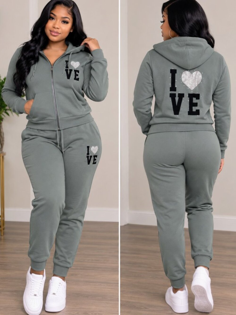 AQ Sport Women's 2 -Piece Olive Green Love Print Hoodie & jogger Set Size Large